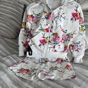 MonnaLisa White Floral Zip Hoodie & Skort Set with Pink, Yellow and Green Blooms
